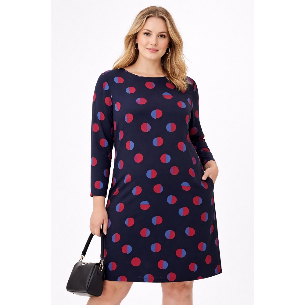 Phase Eight Navy Red Polka Dot Long Sleeve Knee Length Shift Dress US sz 6 UK 10